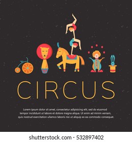 Circus collection with carnival, fun fair, vector icons and background and illustration Colored icons collection. Place for your text. Circus concept