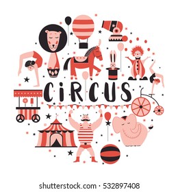 Colección de circos con carnaval, feria divertida, iconos vectoriales e ilustración Colección de iconos coloreados. Concepto de circo