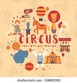 Circus collection with carnival, fun fair, vector icons and background and illustration Colored icons collection. Circus concept