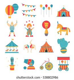 Colección de circos con carnaval, feria divertida, iconos vectoriales e ilustración Colección de iconos coloreados. 