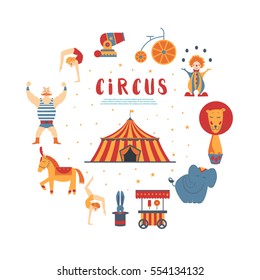 Circus collection with carnival, fun fair, vector icons and background and illustration Colored icons collection. 