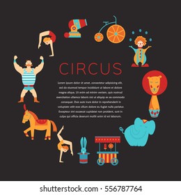 Circus collection with carnival, fun fair, vector icons and background and illustration Colored icons collection. Place for your text. Circus concept