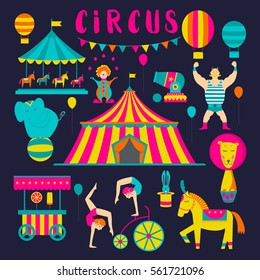 Circus collection with carnival, fun fair, vector icons and background and illustration Colored icons collection. 