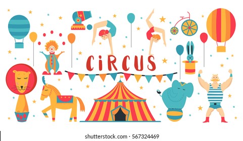 Circus collection with carnival, fun fair, vector icons and background and illustration. Colored icons collection.