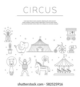 Circus collection with carnival, fun fair, vector icons and background and illustration Colored icons collection.