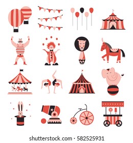 Circus collection with carnival, fun fair, vector icons and background and illustration Colored icons collection.