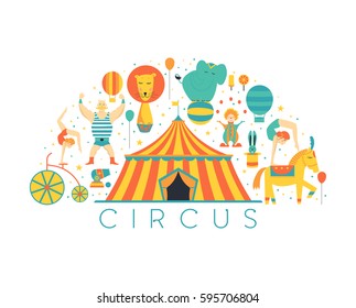 Circus collection with carnival, fun fair, vector icons and background and illustration Colored icons collection.