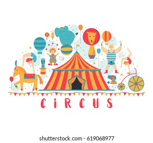 Circus collection with carnival, fun fair, vector icons and background and illustration Colored icons collection.