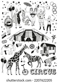 Circus collection. The Clown, The Snake Lady,The Knife Thrower, The Snake Lady,The Knife Thrower. Vector Illustration, Elephant, Zebra, Giraffe, Circus Tent. Vector Illustration.