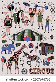 Circus collection. The Clown, The Snake Lady,The Knife Thrower, The Snake Lady,The Knife Thrower. Vector Illustration, Elephant, Zebra, Giraffe, Circus Tent. Vector Illustration.