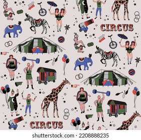 Circus collection. The Clown, The Snake Lady,The Knife Thrower, The Snake Lady,The Knife Thrower. Vector Illustration, Elephant, Zebra, Giraffe, Circus Tent. Vector Seamless Pattern.