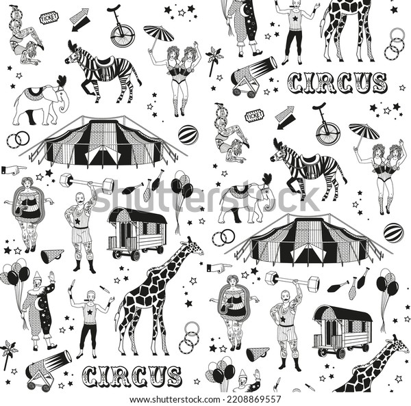 Circus\
collection. The Clown, The Snake Lady,The Knife Thrower, The Snake\
Lady,The Knife Thrower. Vector Illustration, Elephant, Zebra,\
Giraffe, Circus Tent. Vector Seamless\
Pattern.