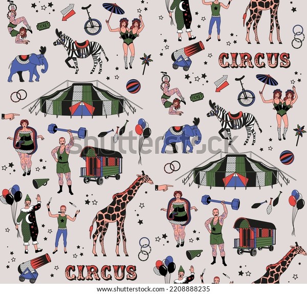 Circus\
collection. The Clown, The Snake Lady,The Knife Thrower, The Snake\
Lady,The Knife Thrower. Vector Illustration, Elephant, Zebra,\
Giraffe, Circus Tent. Vector Seamless\
Pattern.