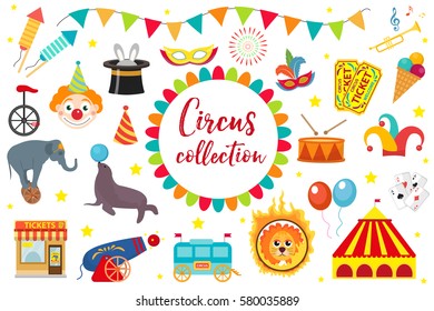 Circus Collection, flat, cartoon style. Set isolated on a white background. Kit with elephant, tent, lion, Sealion, gun, clown, tickets. Design elements. Vector illustration, clip art