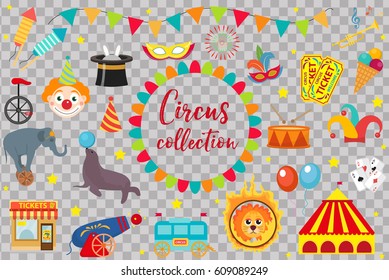 Circus Collection, flat, cartoon style. Set isolated on a white background. Kit with elephant, tent, lion, Sealion, gun, clown, tickets. Design elements. Vector illustration, clip art.