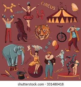 Circus. Collection of hand drawn icons with acrobats,  athlete, clowns, elephant, tricks, tiger, dog, bear, bike