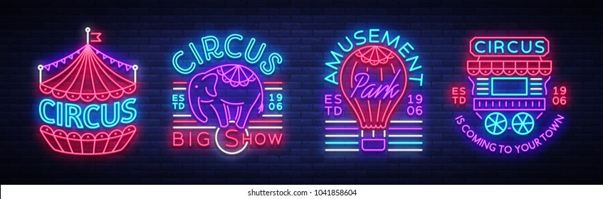 Circus collection of neon signs. Set of logos for circus in neon style, circus symbol, neon banner, bright nightly advertisement of circus show, magic show. Design template. Vector illustration