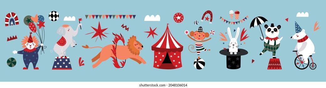Circus collection. Circus performers: cartoon clown, trained elephant animal, lion, juggling monkey. Childish characters, vector hand drawn illustration.