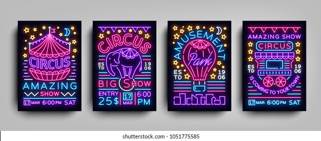 Circus collection of posters design templates neon style. Circus set of neon signs, tent, elephant, amusement park, light banner, neon flyer, advertising of Circus performances. Vector illustration