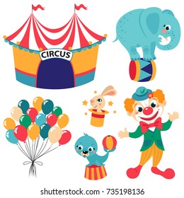 Circus collection with rabbit in hat, elephant on the ball,balloon and clown. Vector character isolated on background.Colored icons collection.