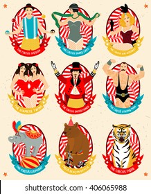 Circus collection. The strong man, The siamese twins, The Circus Entertainer, The Circus Air Acrobat, The Snake Lady, The Elephant, The Circus Bear on Bicycle, The Circus Tiger. Vector illustration.