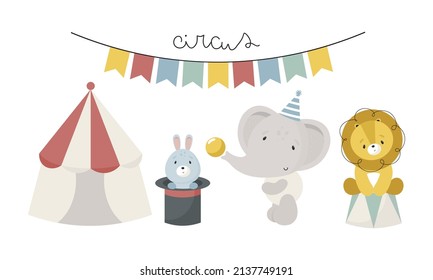Colección de circo con Tienda Circus, Conejo, Elefante, León. Ilustración vectorial al estilo de las caricaturas.