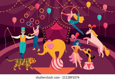 Circus colored composition circus magicians and trained animals perform together on the circus stage vector illustration