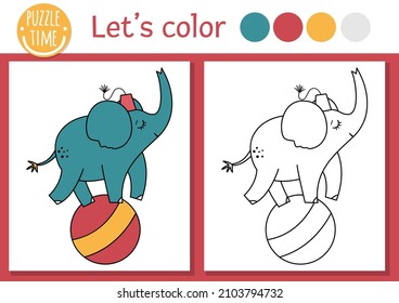 Circus coloring page for children with elephant on a ball. Vector amusement show outline illustration with cute animal. Color book for kids with colored example. Drawing skills printable worksheet
