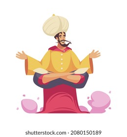Circus composition with isolated male character of oriental magician flying on carpet vector illustration