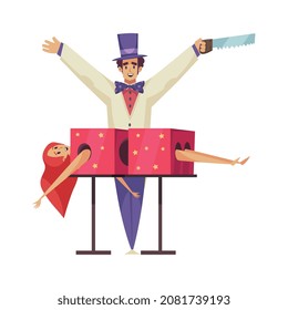 Circus composition with isolated male character of magician with female assistant vector illustration
