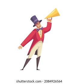 Circus composition with isolated male character of barker in hat with golden megaphone vector illustration