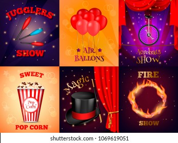 Circus compositions cards realistic 3d collection of six artworks with text captions and colourful props images vector illustration