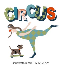 The circus concept. A clown with a dog.