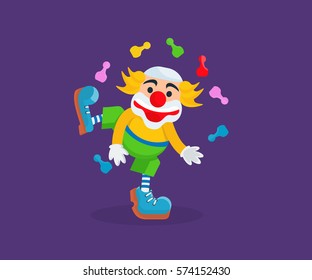 Circus concept. The clown in funny coloring of the clothes, entertains and amuses the audience, showing tricks, juggling of the objects, lifts the mood with jokes and numbers. Vector illustration.