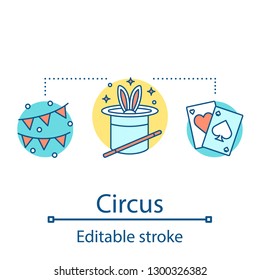 Circus concept icon. Trick, legerdemain performance. Animal show repertory. Clown, harlequin entertainment meeting. Event idea thin line illustration. Vector isolated outline drawing