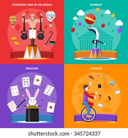 Circus concept icons set with gymnast magician and juggler symbols flat isolated vector illustration 