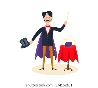 Circus concept. Magician with a cape on his shoulders and with a magic hat, entertains and amuses the audience, showing magic tricks, amazing rooms. Vector illustration isolated on white background.