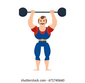 Circus concept. Strong athlete demonstrates his arm muscles, tighten belt in sports suit, entertains and amuses the audience, showing strength exercises with a barbell. Illustration in cartoon style.