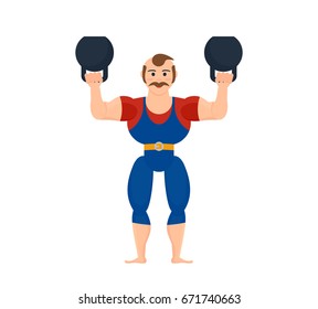 Circus concept. Strong athlete demonstrates his arm muscles, tighten belt in sports suit, entertains and amuses audience, showing the strength exercises with dumbbells. Illustration in cartoon style.