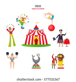 Circus concept. Stunning performances, clowns, jugglers, strongman, athletes and gymnasts acrobats, magician and animal trainer animals, in traditional building. Colorful flat illustration.