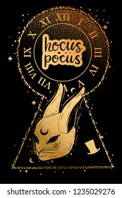 Circus concept in vintage style with rabbit, clock and hat. Hocus pocus lettering.