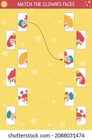 Circus connect the halves worksheet.  Matching game for preschool children with clown faces. Match head parts activity with cute amusement show stage performers

