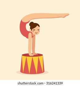 Circus contortionist girl. Cute flat cartoon style, vector illustration.