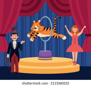 circus couple and tiger jumping