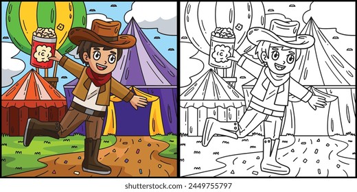 Circus in Cowboy Outfit Coloring Page Illustration