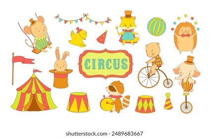 Circus cute animals, color illustrations set for nursery and kids. Woodland baby characters - elephant, bear on bike and bunny in magic hat