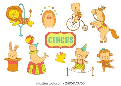Circus cute animals, hand drawn illustrations set for nursery and kids. Woodland baby characters - lion, bear on bike and bunny in magic hat