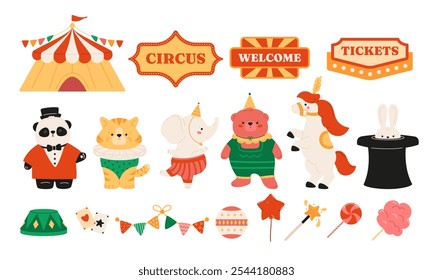 Animales lindos del circo y Elementos del rendimiento, dulces, etiquetas y tienda de campana. Oso divertido en gorra, tigre, pony y elefante bailando, panda mago, conejo en sombrero de copa. Ilustración vectorial de Antiguas.