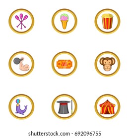 Circus day icon set. Cartoon set of 9 sport circus day icons for web isolated on white background