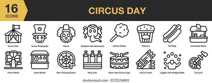 Circus Day icon set. Includes carnival, circus, entertainment, show, amusement, and More. Outline icons vector collection.